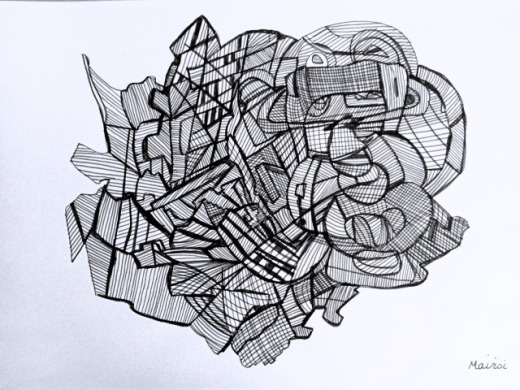 Dessin abstrait noir et blanc feutre sur papier - œuvre originale encadrée Mairsi Réf. D-011
