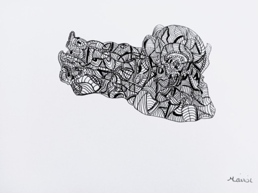 Dessin abstrait noir et blanc feutre sur papier - œuvre originale encadrée Mairsi Réf. D-005