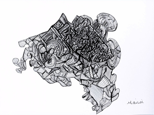 Dessin abstrait noir et blanc feutre sur papier - œuvre originale encadrée Mairsi Réf. D-008