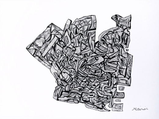 Dessin abstrait noir et blanc feutre sur papier - œuvre originale encadrée Mairsi Réf. D-003