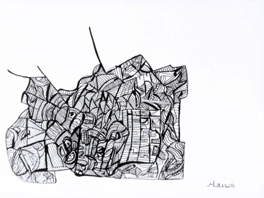 Dessin abstrait noir et blanc feutre sur papier - œuvre originale encadrée Mairsi Réf. D-009