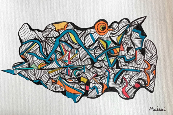 Dessin abstrait noir et blanc feutre sur papier - œuvre originale encadrée Mairsi Réf. D-010